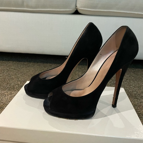 Casadei Black Suede Peep-Toe Platform Heels - Size 8 - Picture 2 of 5
